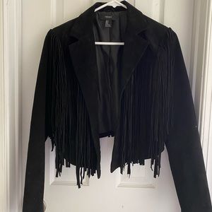 Black cropped suede fringe jacket